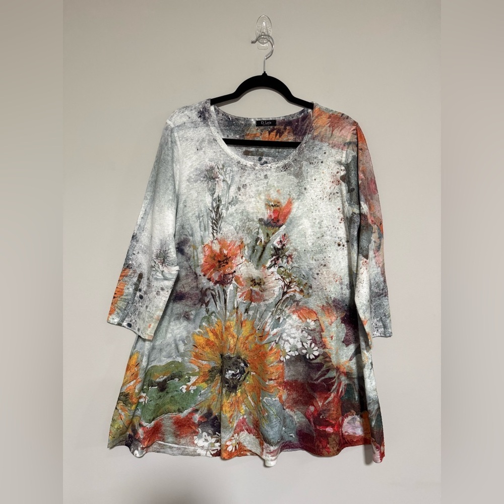 Et Lois Watercolor Floral Print Tunic Top Size Large Flowy Artsy Wearable Art